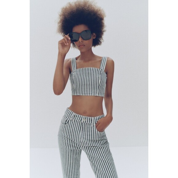 Denim Zara Striped Crop Top in Blue and White (NWT) - Picture 1 of 7